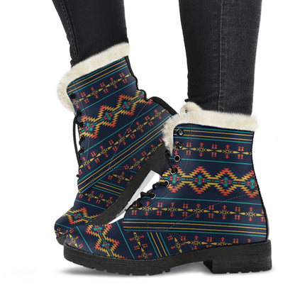 Southwest American Design Themed Print Faux Fur Leather Boots-JTAMIGO.COM