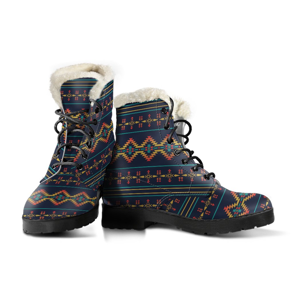 Southwest American Design Themed Print Faux Fur Leather Boots-JTAMIGO.COM