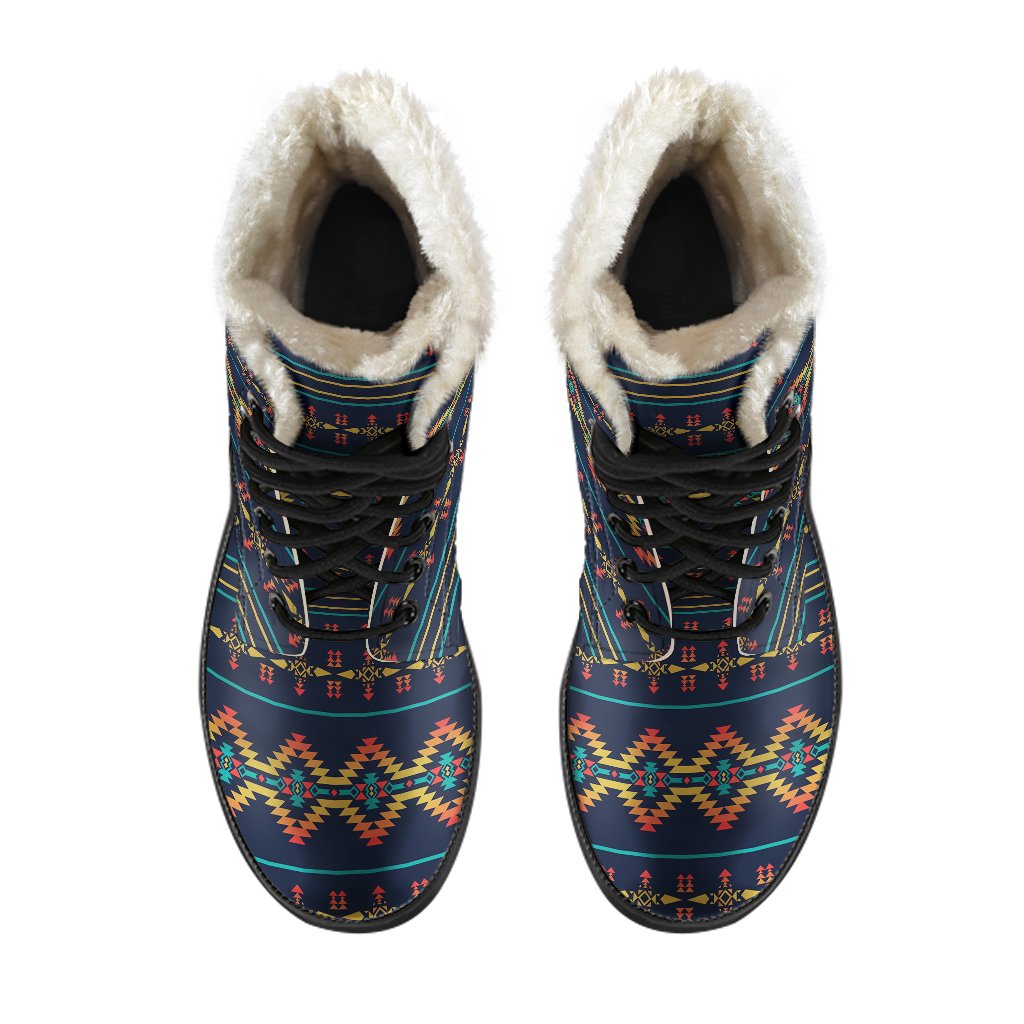Southwest American Design Themed Print Faux Fur Leather Boots-JTAMIGO.COM