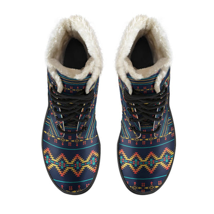 Southwest American Design Themed Print Faux Fur Leather Boots-JTAMIGO.COM