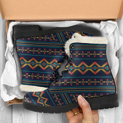 Southwest American Design Themed Print Faux Fur Leather Boots-JTAMIGO.COM