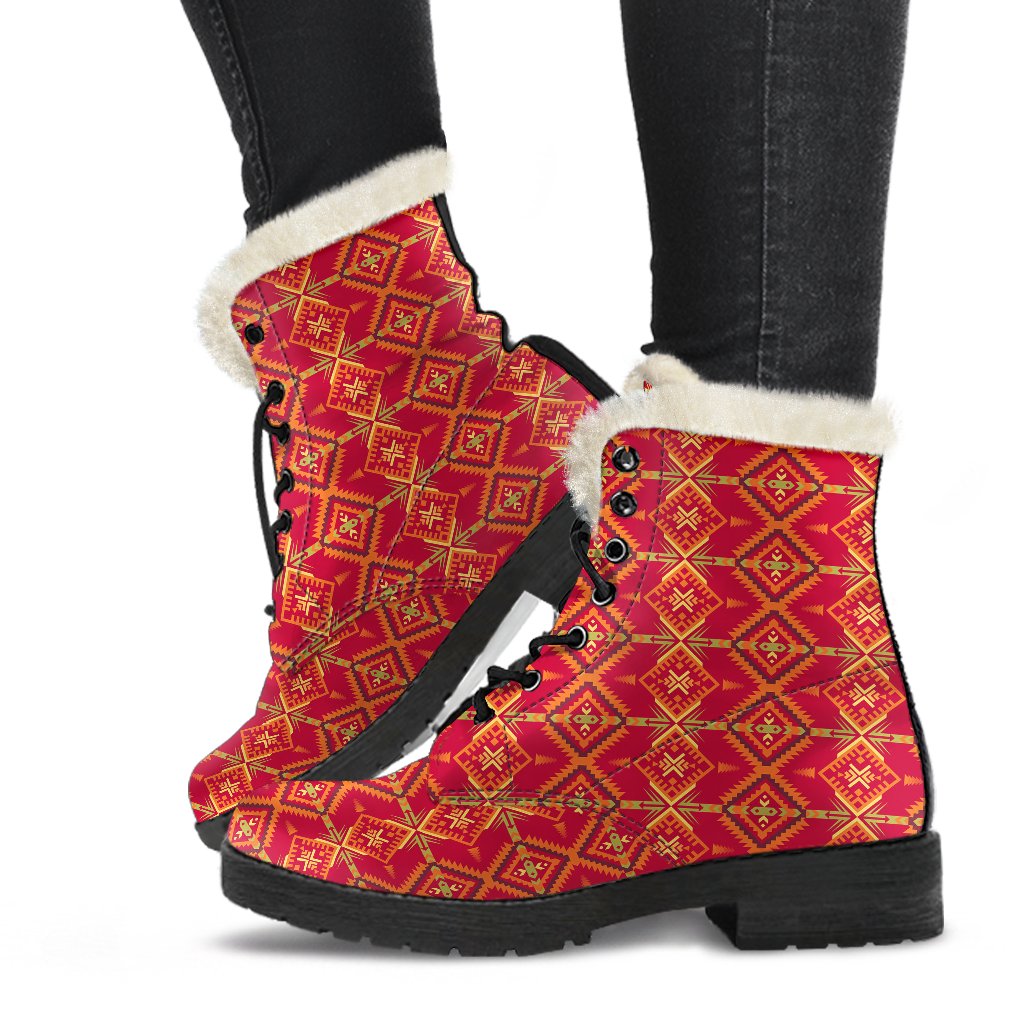 Southwest Aztec Design Themed Print Faux Fur Leather Boots-JTAMIGO.COM
