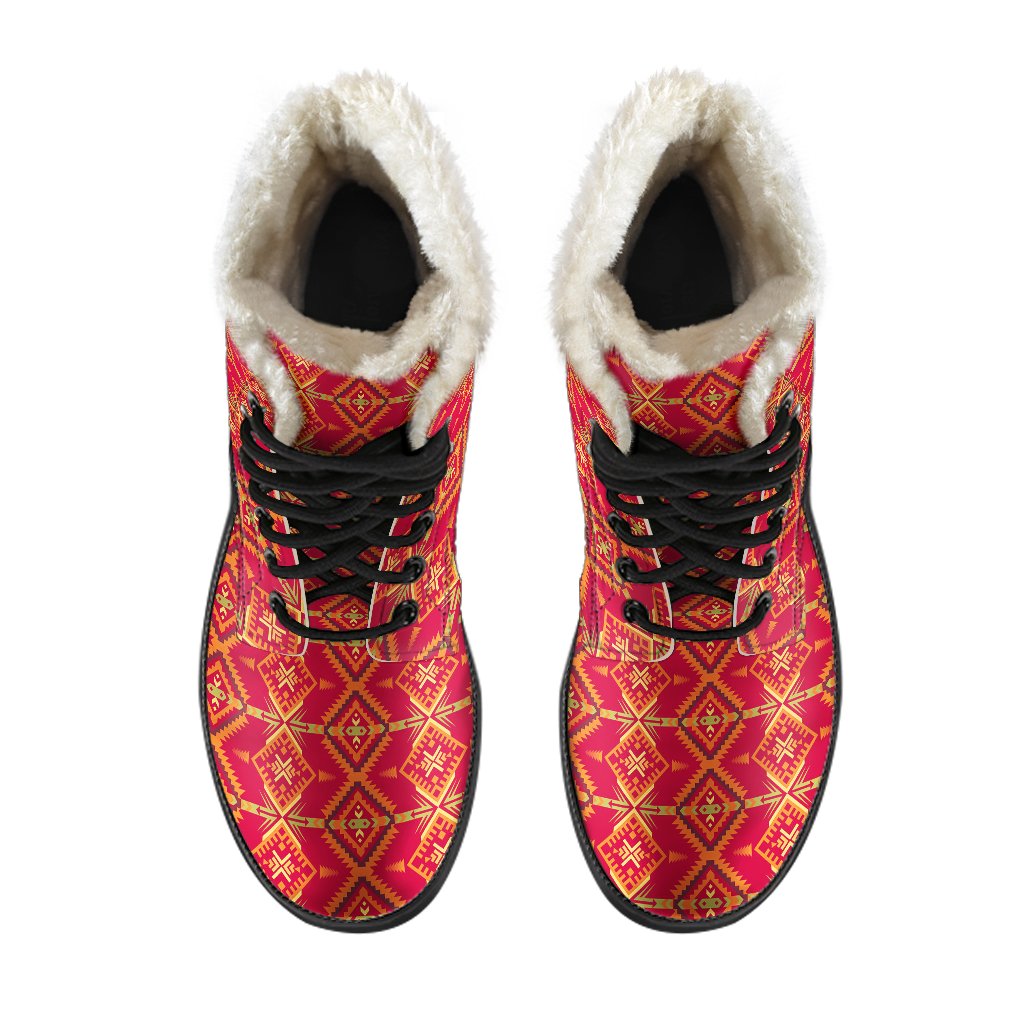 Southwest Aztec Design Themed Print Faux Fur Leather Boots-JTAMIGO.COM