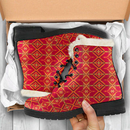 Southwest Aztec Design Themed Print Faux Fur Leather Boots-JTAMIGO.COM