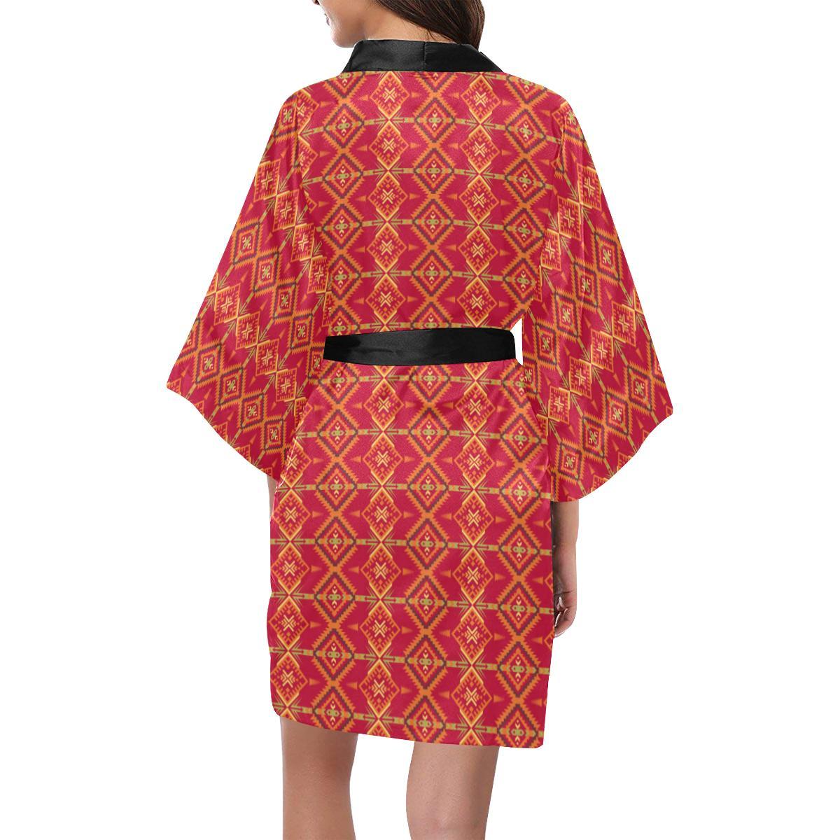 Southwest Aztec Design Themed Print Women Short Kimono Robe