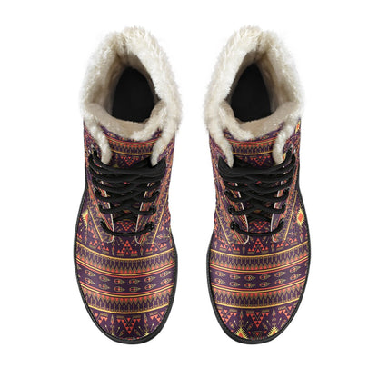 Southwest Ethnic Design Themed Print Faux Fur Leather Boots-JTAMIGO.COM