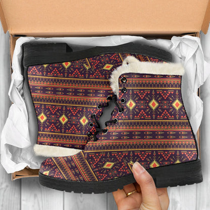 Southwest Ethnic Design Themed Print Faux Fur Leather Boots-JTAMIGO.COM