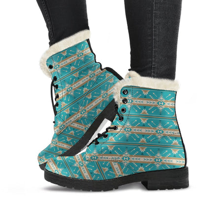 Southwest Native Design Themed Print Faux Fur Leather Boots-JTAMIGO.COM