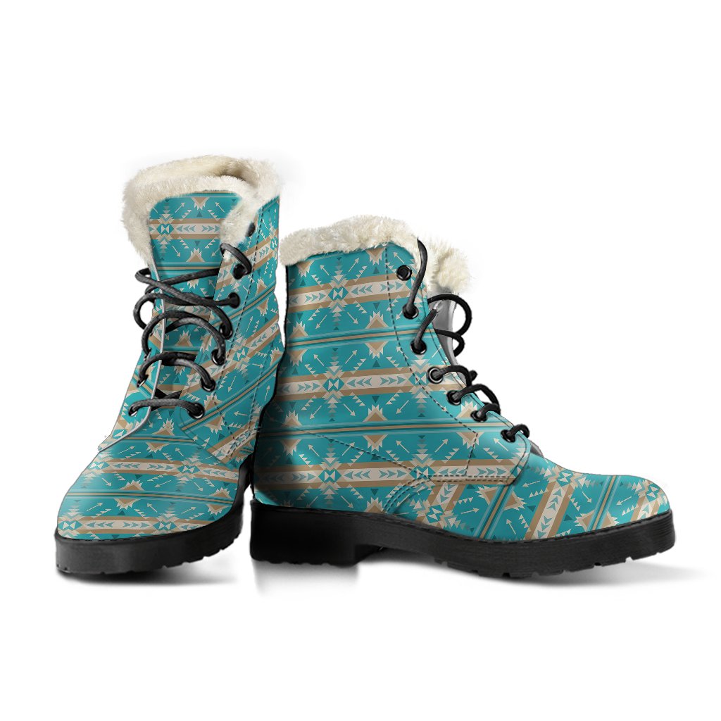 Southwest Native Design Themed Print Faux Fur Leather Boots-JTAMIGO.COM
