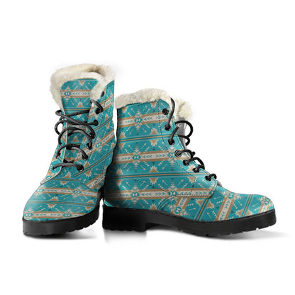 Southwest Native Design Themed Print Faux Fur Leather Boots-JTAMIGO.COM