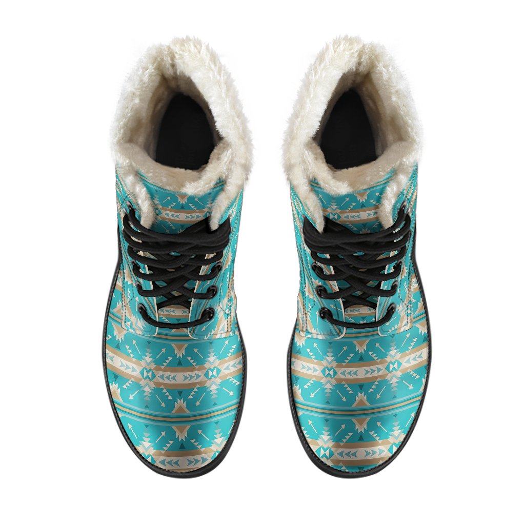 Southwest Native Design Themed Print Faux Fur Leather Boots-JTAMIGO.COM