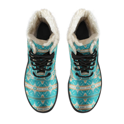 Southwest Native Design Themed Print Faux Fur Leather Boots-JTAMIGO.COM