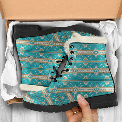 Southwest Native Design Themed Print Faux Fur Leather Boots-JTAMIGO.COM