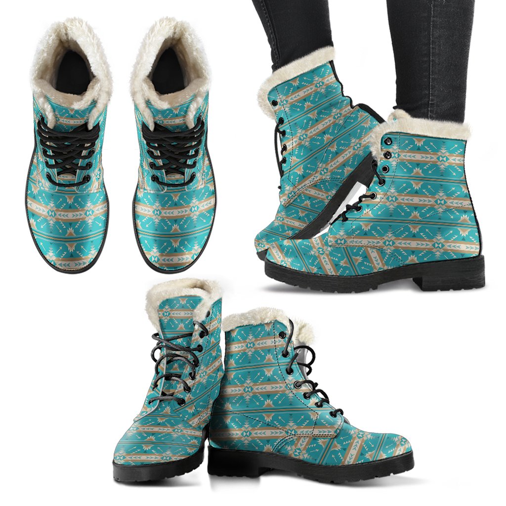 Southwest Native Design Themed Print Faux Fur Leather Boots-JTAMIGO.COM