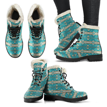 Southwest Native Design Themed Print Faux Fur Leather Boots-JTAMIGO.COM