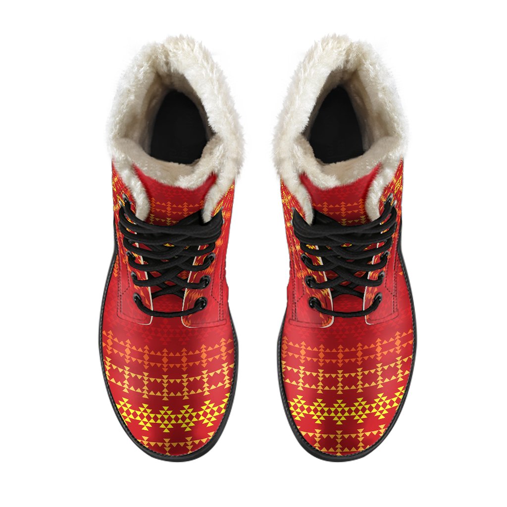 Southwest Red Gold Design Themed Print Faux Fur Leather Boots-JTAMIGO.COM