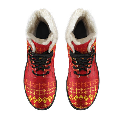 Southwest Red Gold Design Themed Print Faux Fur Leather Boots-JTAMIGO.COM