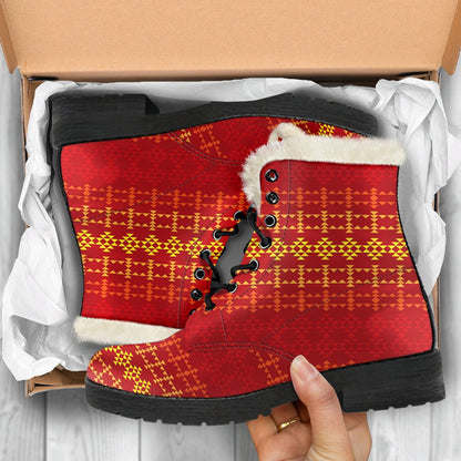 Southwest Red Gold Design Themed Print Faux Fur Leather Boots-JTAMIGO.COM