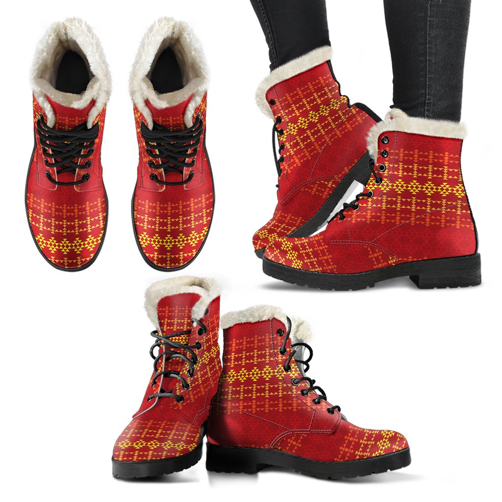 Southwest Red Gold Design Themed Print Faux Fur Leather Boots-JTAMIGO.COM