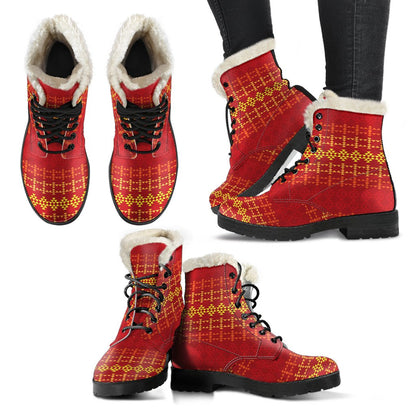 Southwest Red Gold Design Themed Print Faux Fur Leather Boots-JTAMIGO.COM