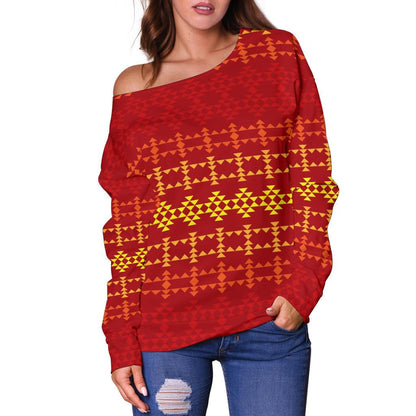 Southwest Red Gold Design Themed Print Off Shoulder Sweatshirt