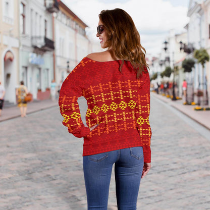 Southwest Red Gold Design Themed Print Off Shoulder Sweatshirt