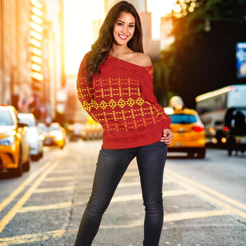 Southwest Red Gold Design Themed Print Off Shoulder Sweatshirt