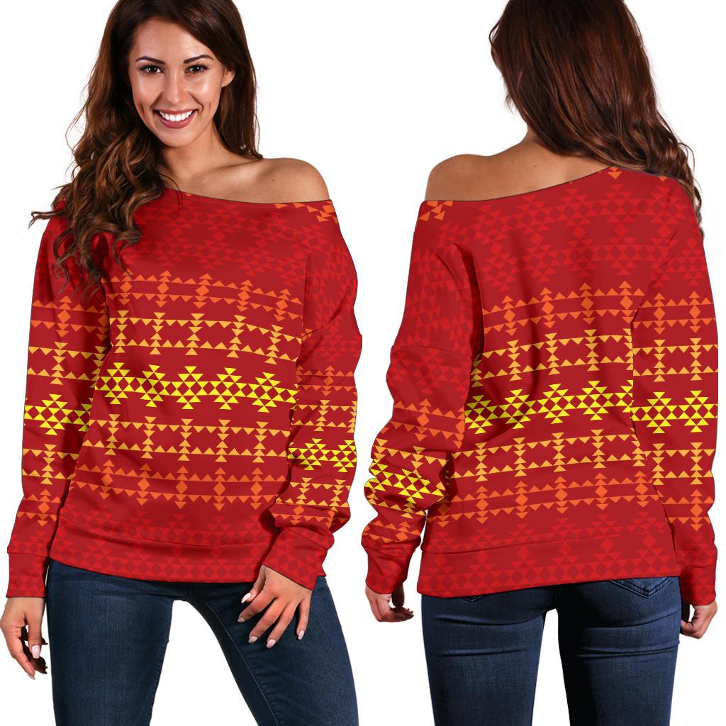 Southwest Red Gold Design Themed Print Off Shoulder Sweatshirt