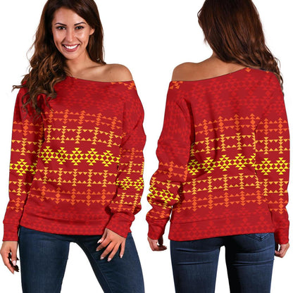 Southwest Red Gold Design Themed Print Off Shoulder Sweatshirt