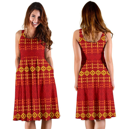 Southwest Red Gold Design Themed Print Sleeveless Dress