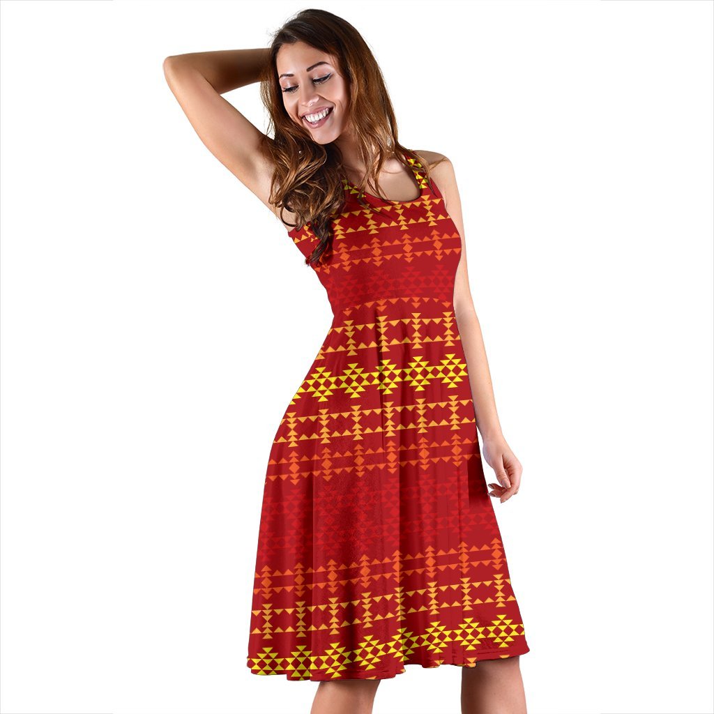 Southwest Red Gold Design Themed Print Sleeveless Dress