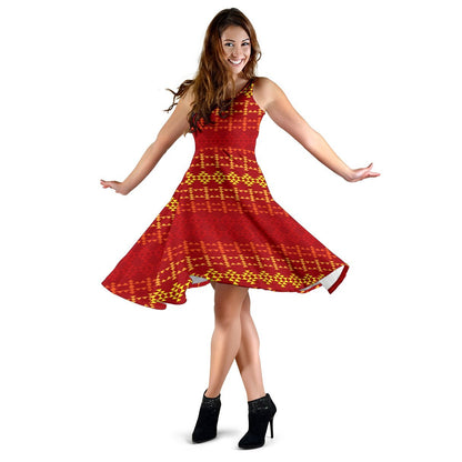 Southwest Red Gold Design Themed Print Sleeveless Dress