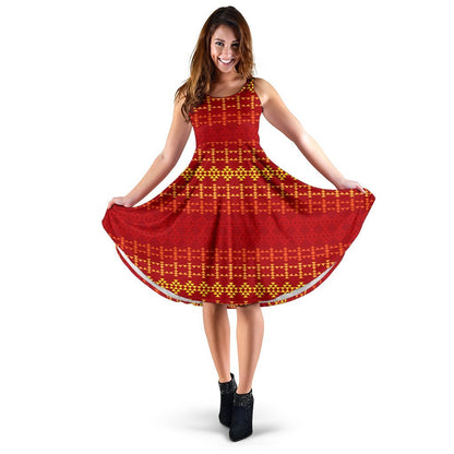 Southwest Red Gold Design Themed Print Sleeveless Dress