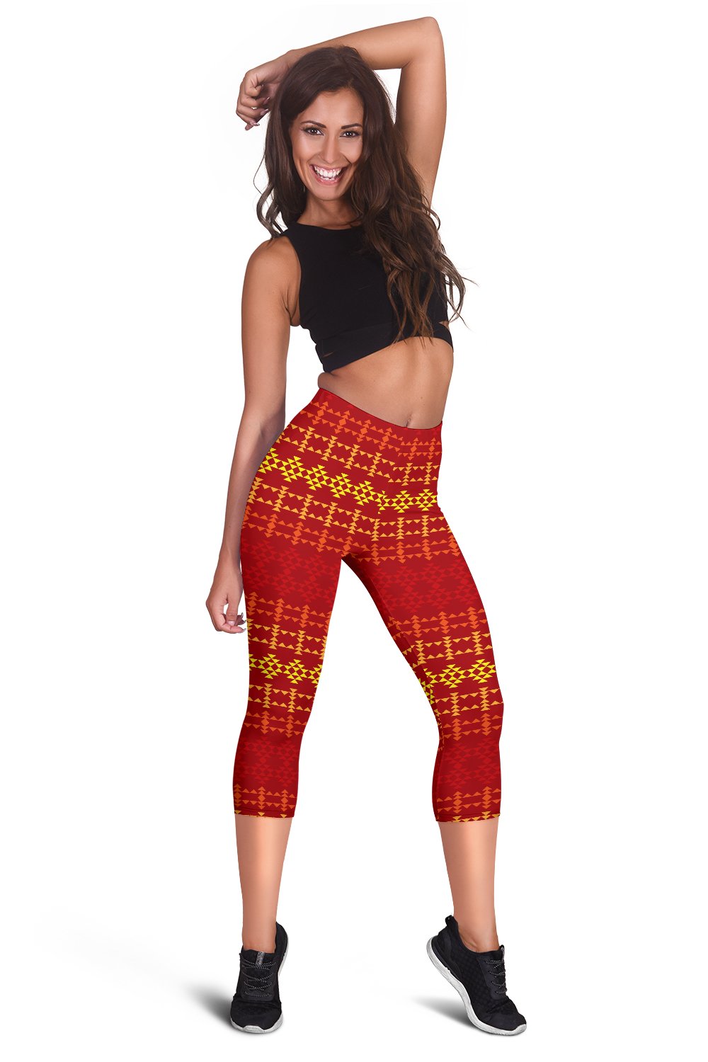 Southwest Red Gold Design Themed Print Women Capris
