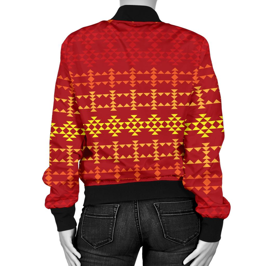 Southwest Red Gold Design Themed Print Women Casual Bomber Jacket