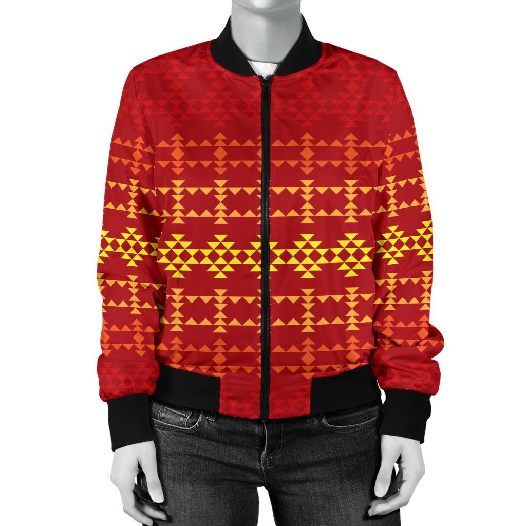 Southwest Red Gold Design Themed Print Women Casual Bomber Jacket