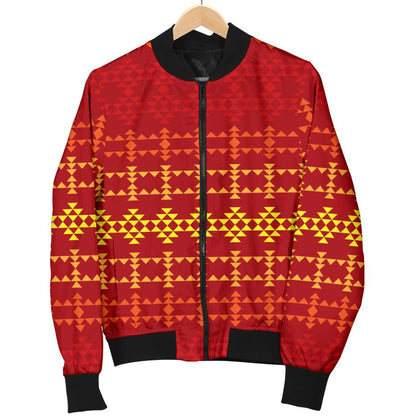 Southwest Red Gold Design Themed Print Women Casual Bomber Jacket