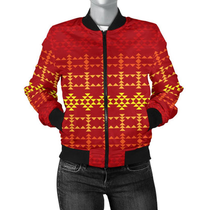 Southwest Red Gold Design Themed Print Women Casual Bomber Jacket