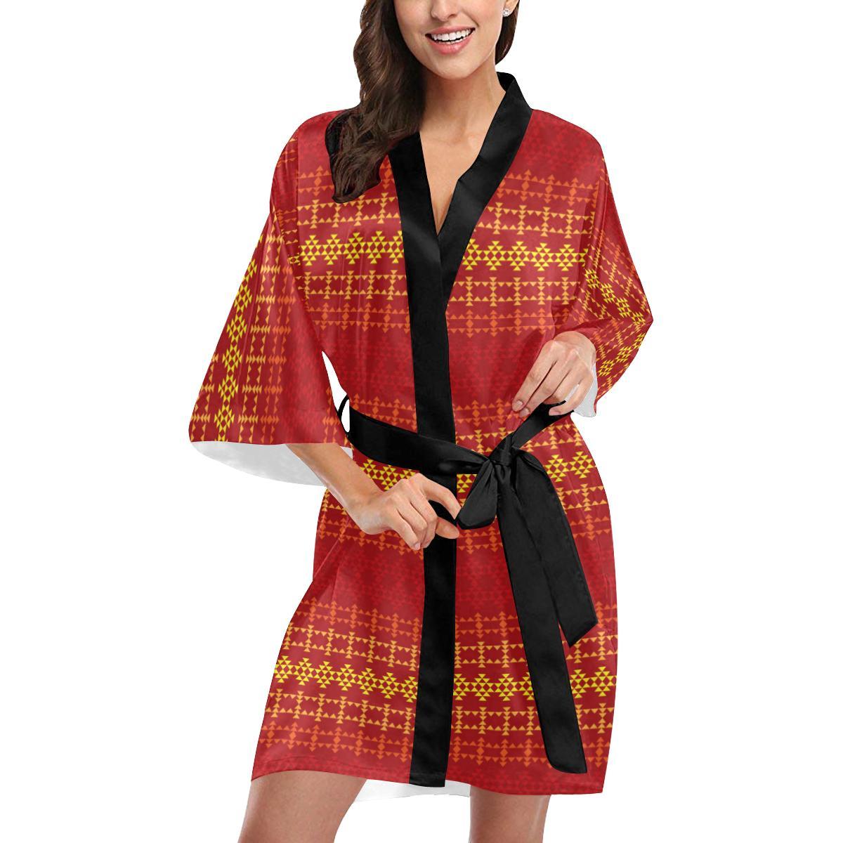 Southwest Red Gold Design Themed Print Women Short Kimono Robe