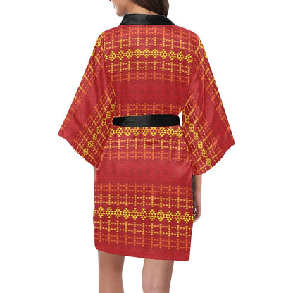 Southwest Red Gold Design Themed Print Women Short Kimono Robe