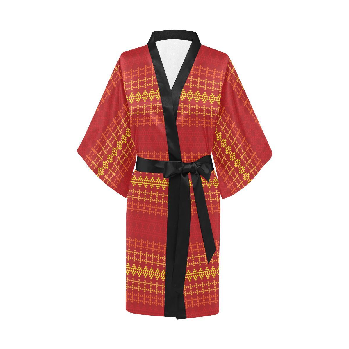 Southwest Red Gold Design Themed Print Women Short Kimono Robe