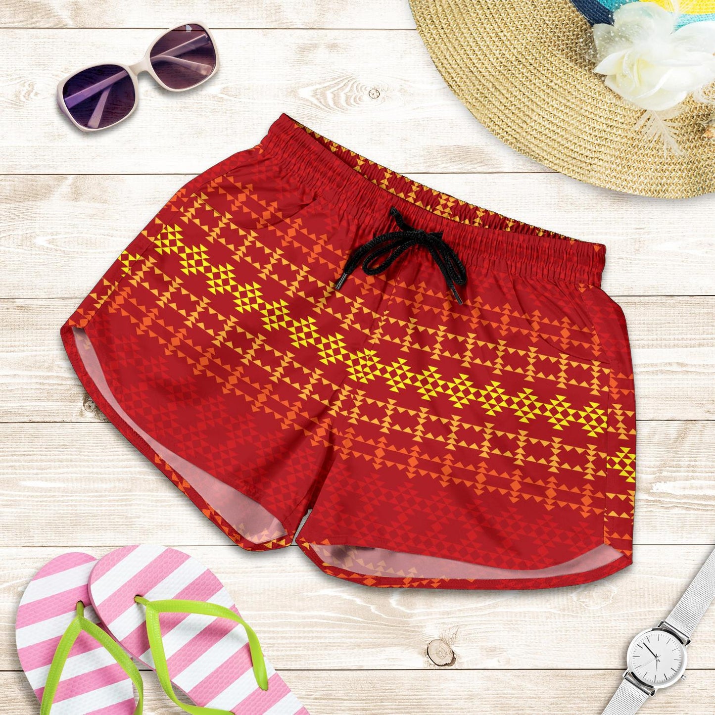 Southwest Red Gold Design Themed Print Women Shorts-JTAMIGO.COM