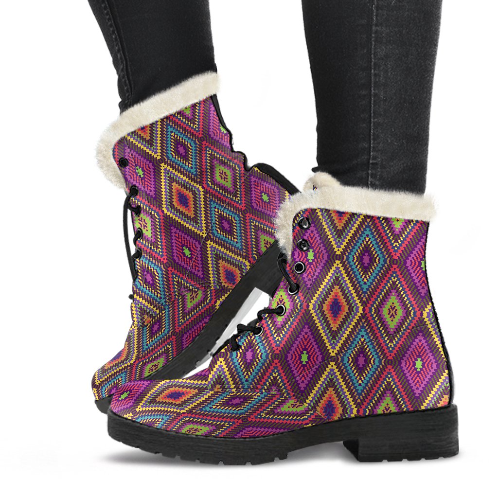 Southwestern Print Faux Fur Leather Boots-JTAMIGO.COM