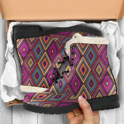 Southwestern Print Faux Fur Leather Boots-JTAMIGO.COM
