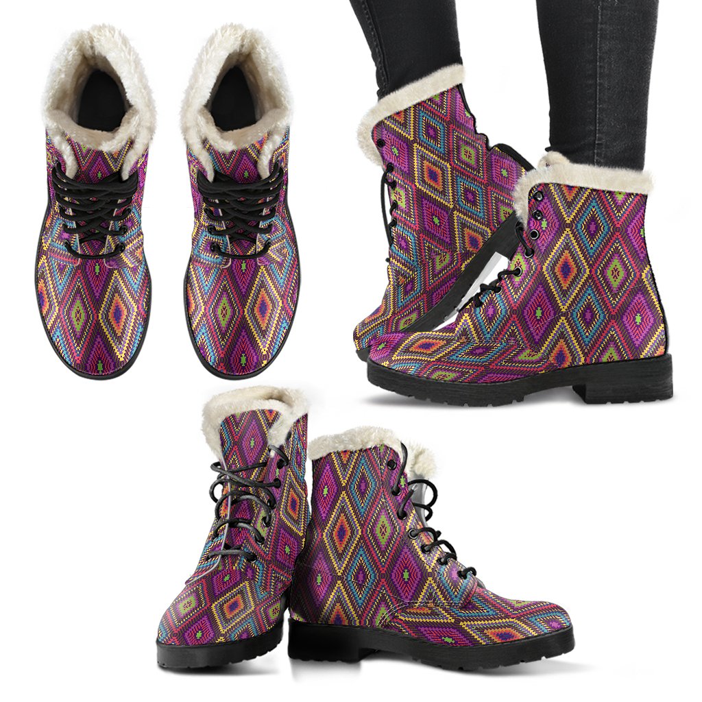 Southwestern Print Faux Fur Leather Boots-JTAMIGO.COM