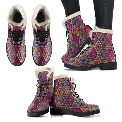 Southwestern Print Faux Fur Leather Boots-JTAMIGO.COM