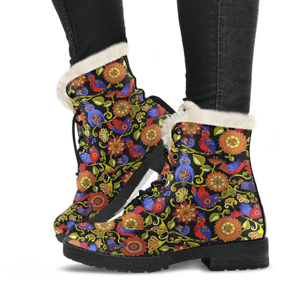 Steampunk Bird Design Themed Print Faux Fur Leather Boots-JTAMIGO.COM