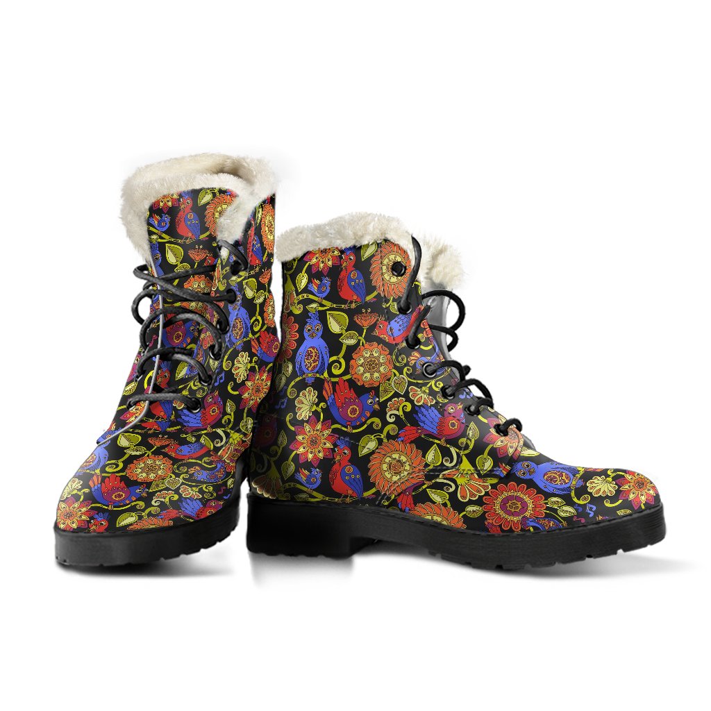 Steampunk Bird Design Themed Print Faux Fur Leather Boots-JTAMIGO.COM