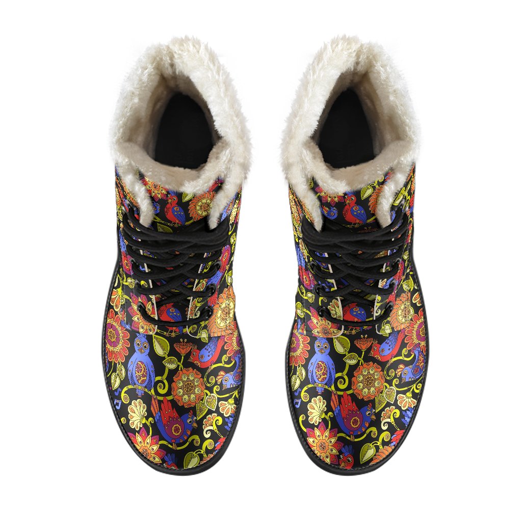 Steampunk Bird Design Themed Print Faux Fur Leather Boots-JTAMIGO.COM