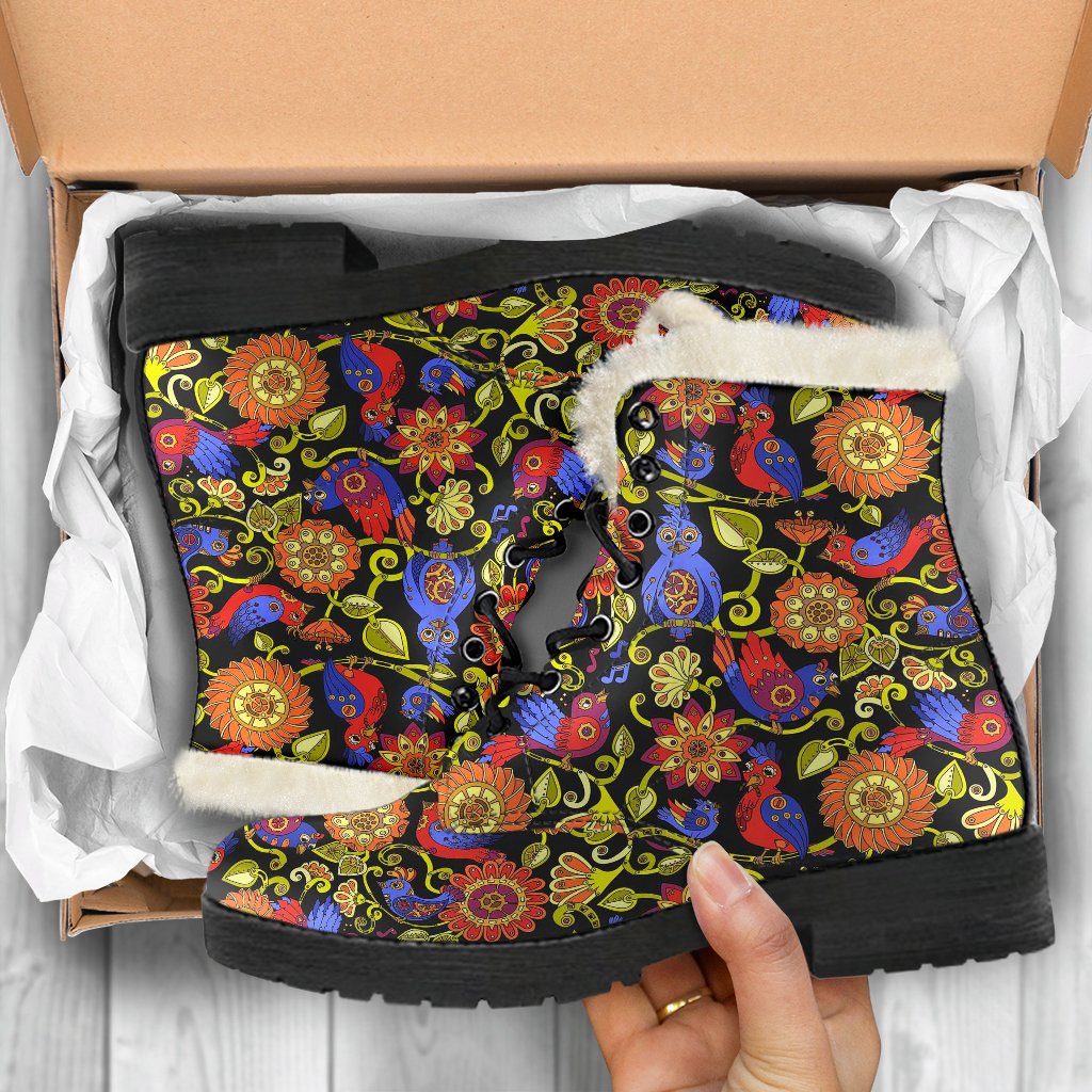 Steampunk Bird Design Themed Print Faux Fur Leather Boots-JTAMIGO.COM